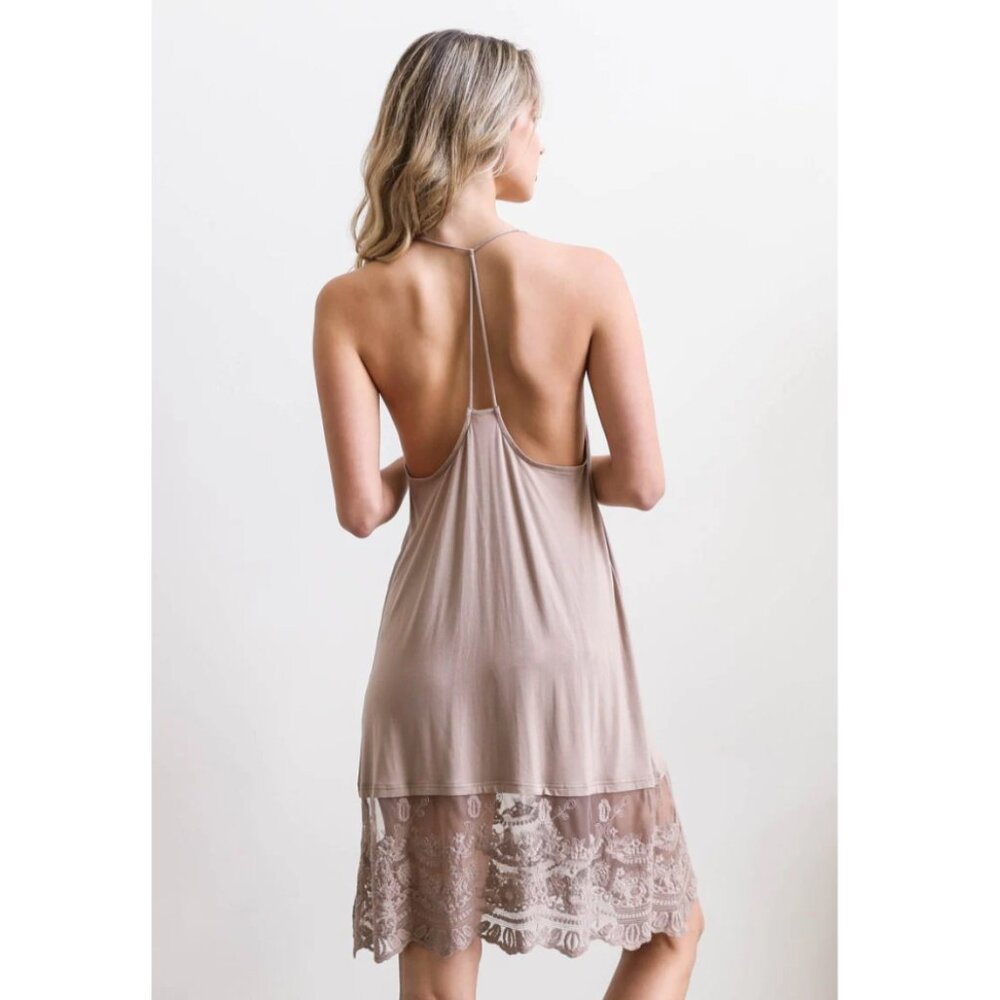NEW! Leto Collection Racer Back Slip Chemise Nightie w Lace Trim M Beige
